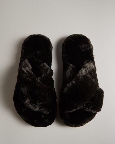 Black Women's Hunter Faux Fur Flatform Crossover Slide Slides South Africa | 9263OWK