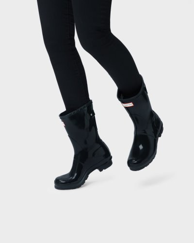 Black Women's Hunter Short Back Adjustable Gloss Rain Boot Adjustable Rain Boots South Africa | JKN3O1Q