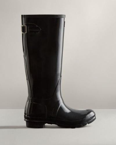 Black Women's Hunter Tall Back Adjustable Gloss Rain Boot Adjustable Rain Boots South Africa | IXKLFYM