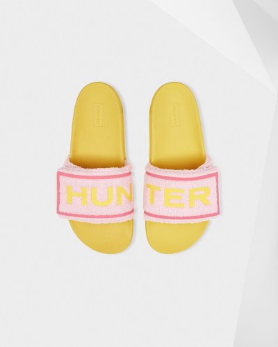 Pink / Yellow Women's Hunter Terry Towelling Logo Adjustable Slides Slides South Africa | NM1HMVX