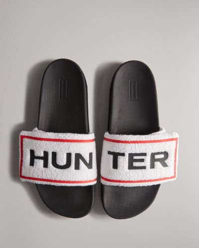 White / Black Men's Hunter Terry Towelling Logo Adjustable Slides Slides South Africa | Z9ZH5W4