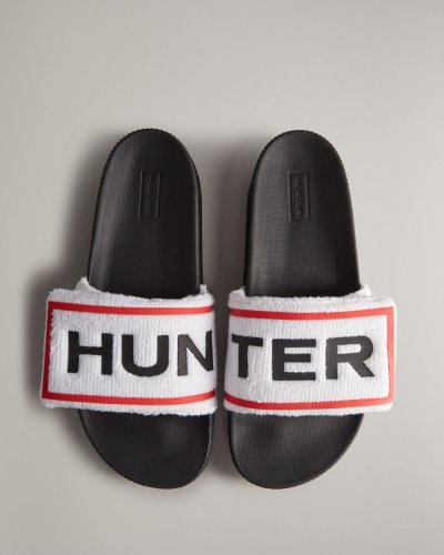 White / Black Women's Hunter Terry Towelling Logo Adjustable Slides Slides South Africa | BTFPOAV