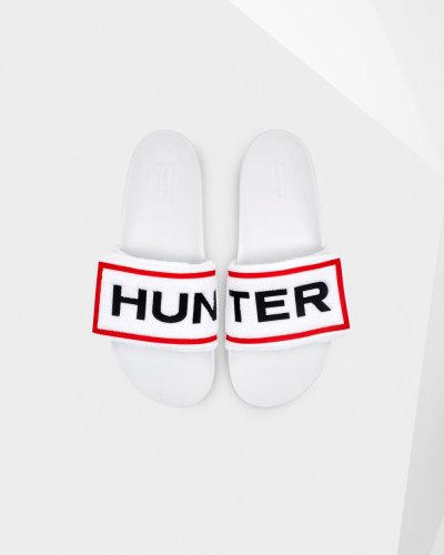 White Women's Hunter Terry Towelling Logo Adjustable Slides Slides South Africa | 9QF5RBP