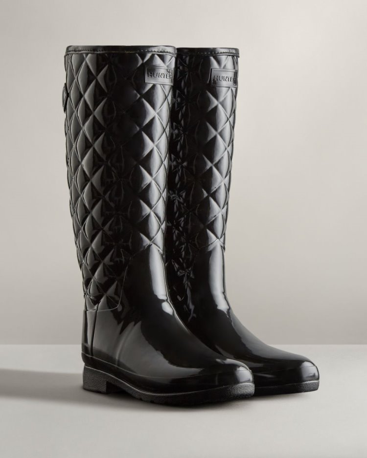 Black Women's Hunter Refined Slim Fit Adjustable Quilted Tall Rain Boot Adjustable Rain Boots South Africa | GL5W4LD