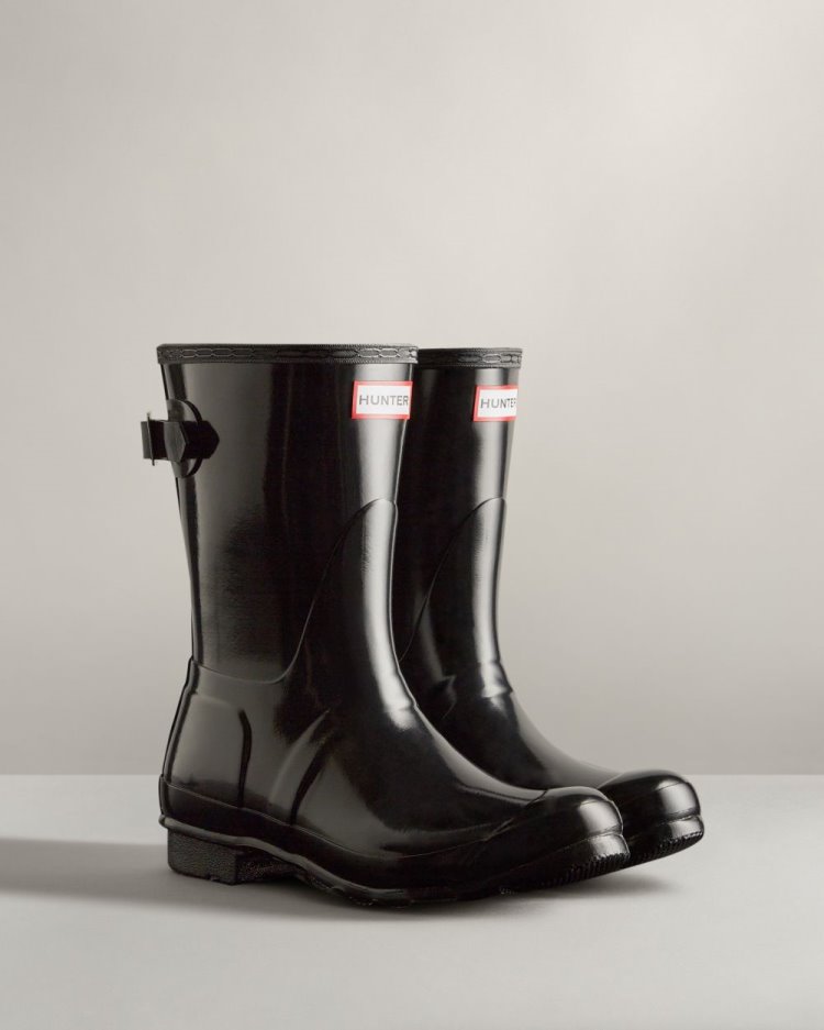 Black Women's Hunter Short Back Adjustable Gloss Rain Boot Adjustable Rain Boots South Africa | JKN3O1Q