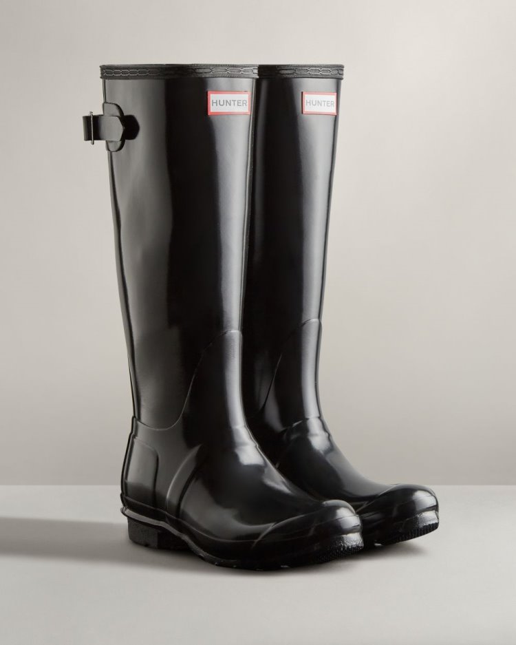 Black Women's Hunter Tall Back Adjustable Gloss Rain Boot Adjustable Rain Boots South Africa | IXKLFYM