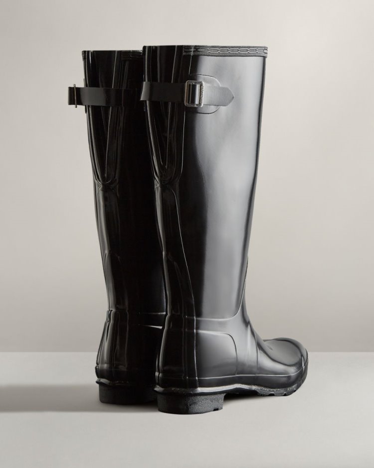 Black Women's Hunter Tall Back Adjustable Gloss Rain Boot Adjustable Rain Boots South Africa | IXKLFYM