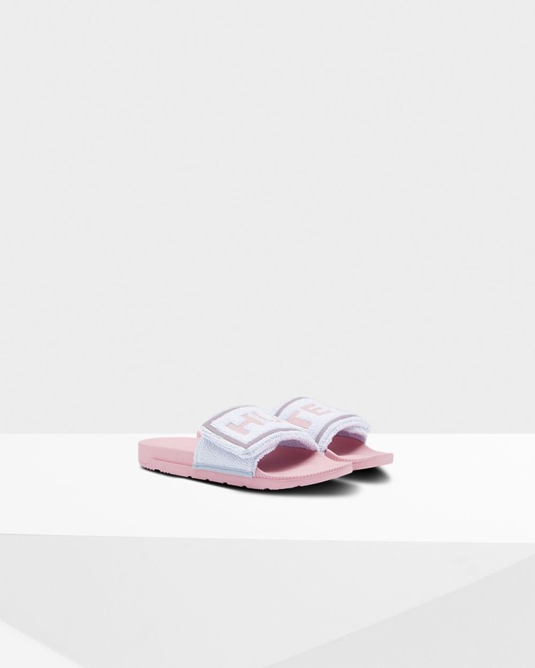 Blue / Pink Women's Hunter Terry Towelling Logo Adjustable Slides Slides South Africa | W0HQ0J3