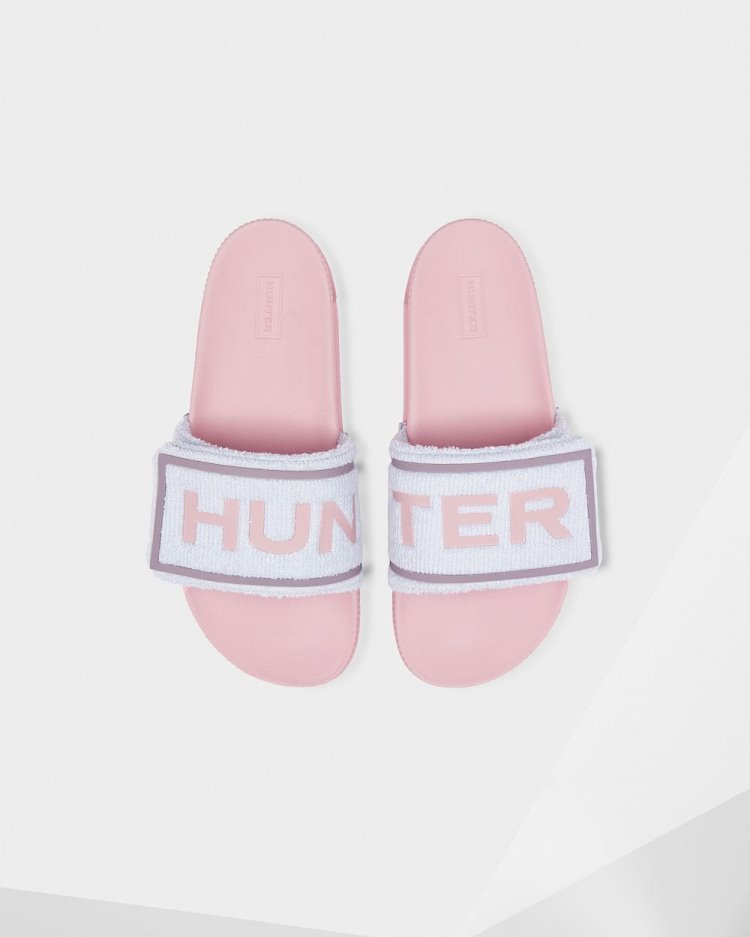 Blue / Pink Women\'s Hunter Terry Towelling Logo Adjustable Slides Slides South Africa | W0HQ0J3