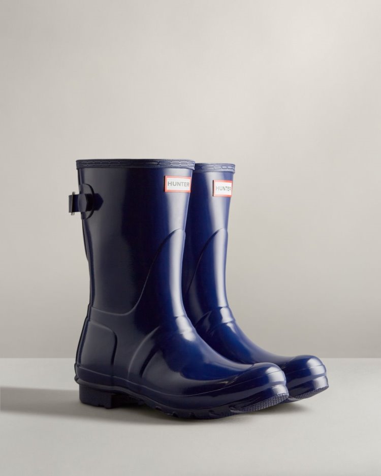 Blue Women's Hunter Short Back Adjustable Gloss Rain Boot Adjustable Rain Boots South Africa | KFDSNB1