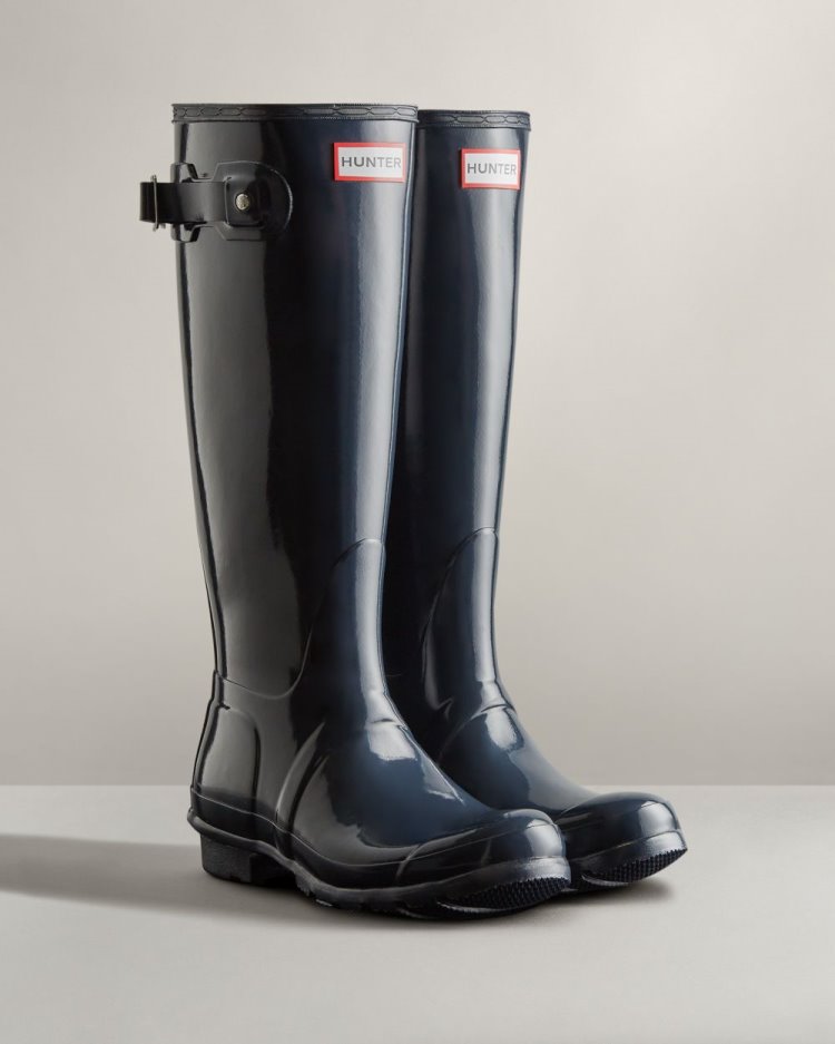 Navy Women's Hunter Original Tall Gloss Rain Boot Tall Rain Boots South Africa | GAXTCKO