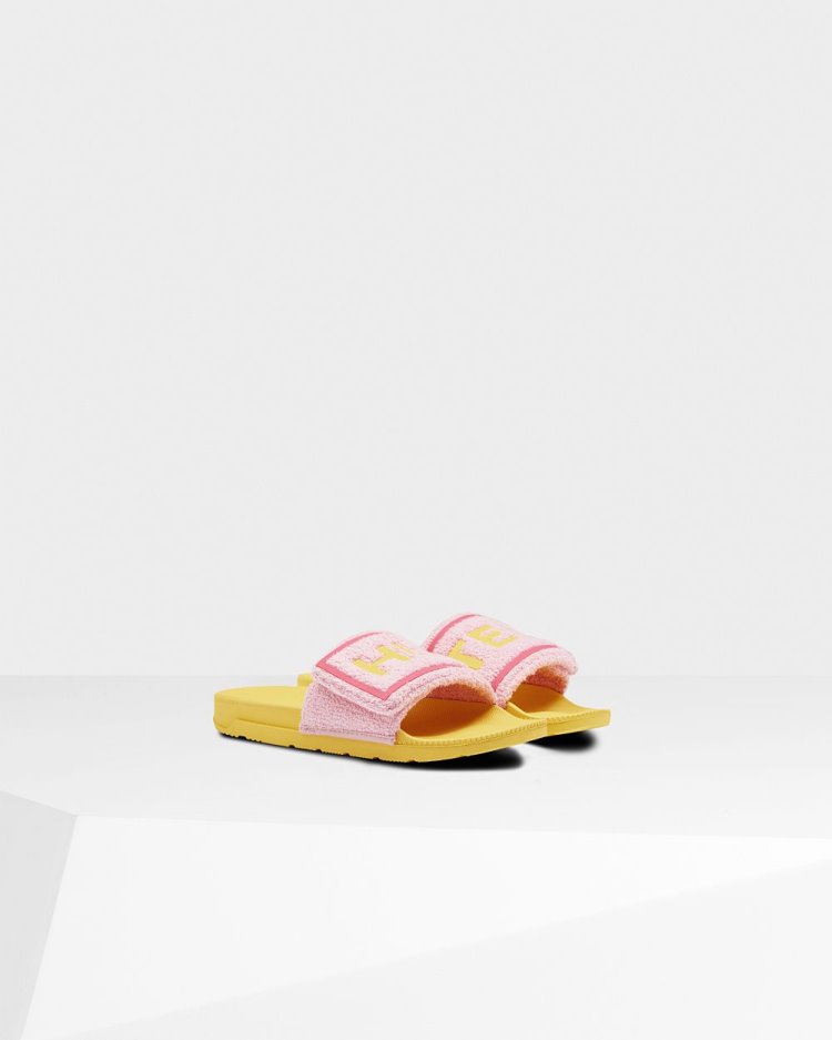 Pink / Yellow Women's Hunter Terry Towelling Logo Adjustable Slides Slides South Africa | NM1HMVX