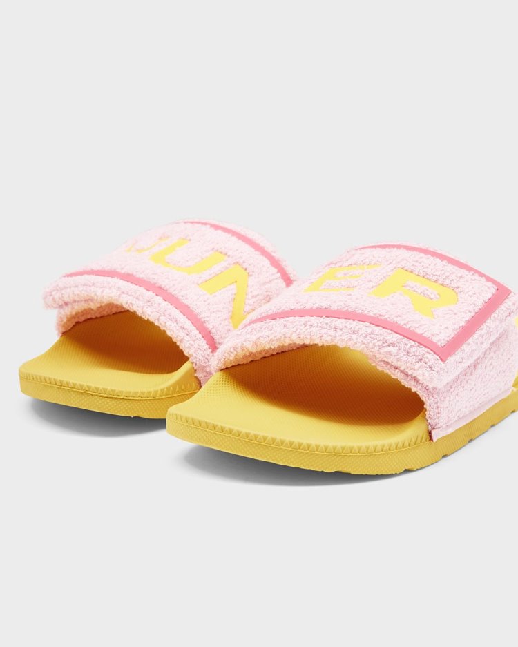 Pink / Yellow Women's Hunter Terry Towelling Logo Adjustable Slides Slides South Africa | NM1HMVX