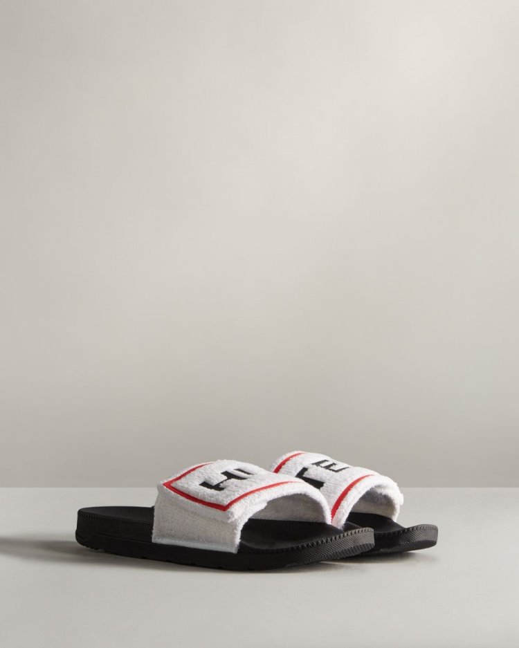 White / Black Men's Hunter Terry Towelling Logo Adjustable Slides Slides South Africa | Z9ZH5W4