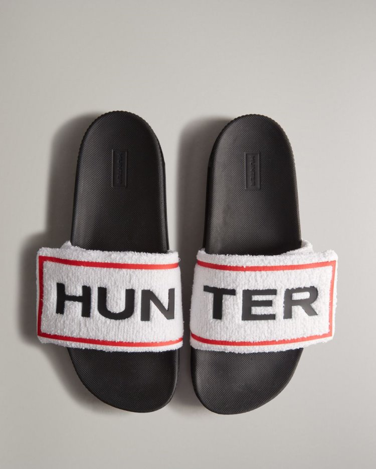 White / Black Men\'s Hunter Terry Towelling Logo Adjustable Slides Slides South Africa | Z9ZH5W4