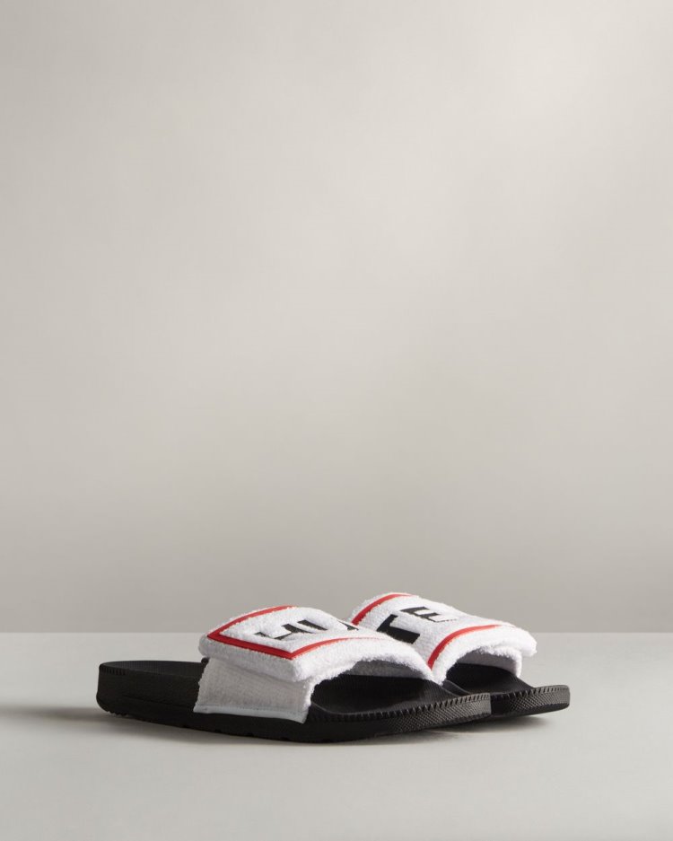 White / Black Women's Hunter Terry Towelling Logo Adjustable Slides Slides South Africa | BTFPOAV