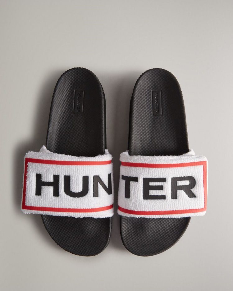 White / Black Women\'s Hunter Terry Towelling Logo Adjustable Slides Slides South Africa | BTFPOAV