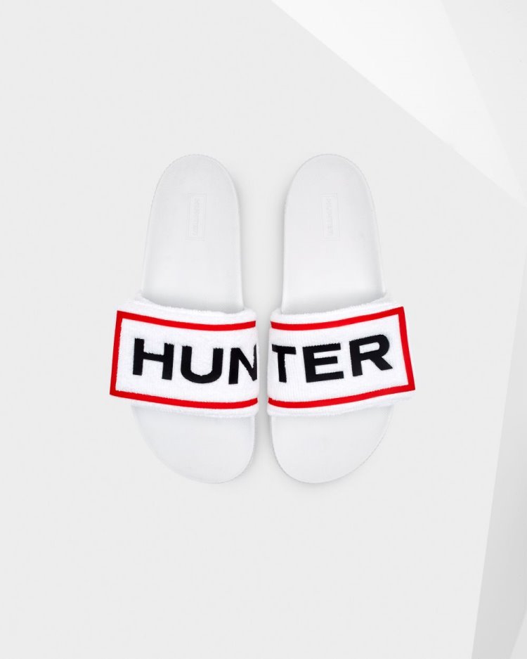 White Women\'s Hunter Terry Towelling Logo Adjustable Slides Slides South Africa | 9QF5RBP